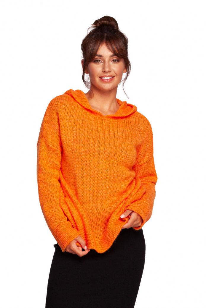 Sweter damski z kapturem długość do bioder pomarańczowy